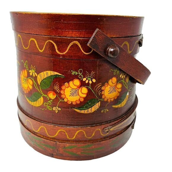 Antique WOODEN FIRKIN/SUGAR BUCKET with Swing Handle Floral Design &‎ Lid 10”dia - Picture 1 of 16